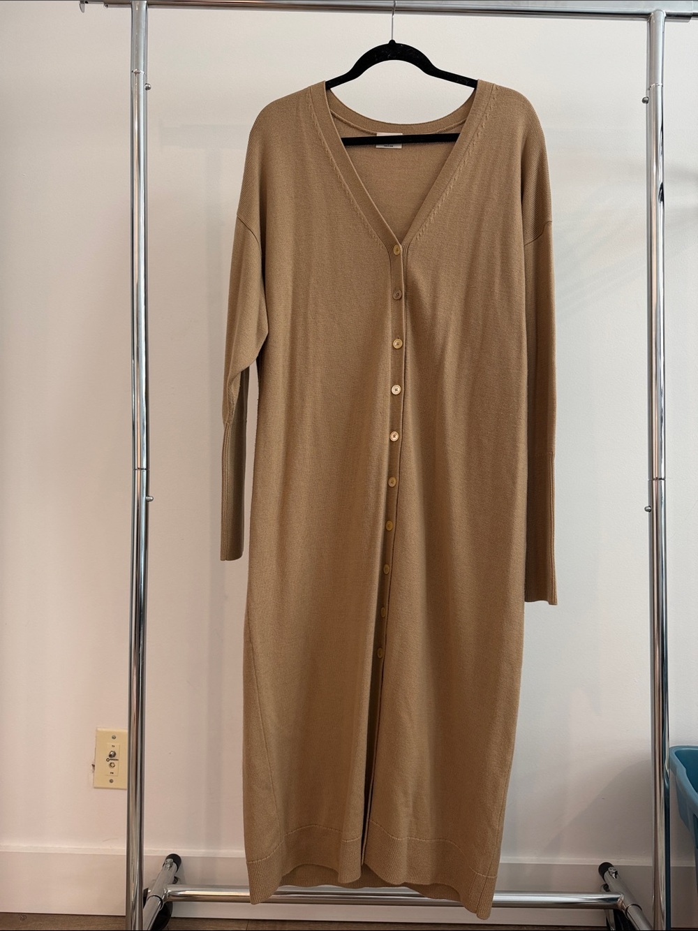 ARITZIA Long Button-Front V-Neck Knit Dress in Camel